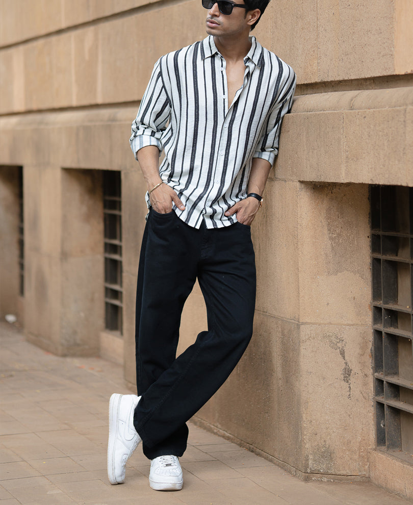 White And Black Striped Flowy Shirt