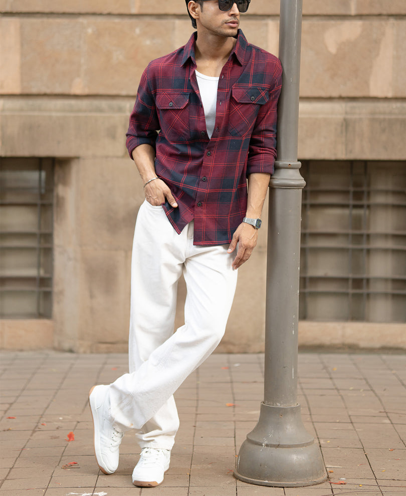 Wine Check Shirt With Pockets