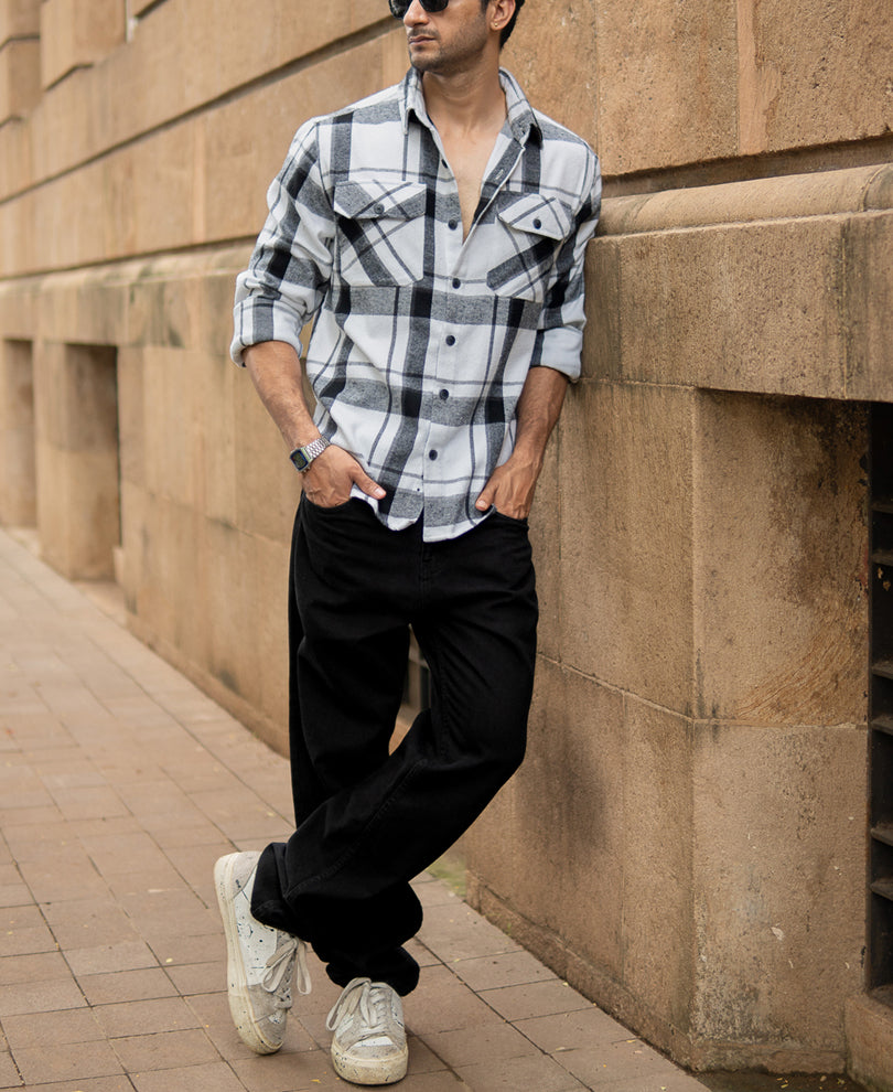 White And Black Checks Shirt With Pockets