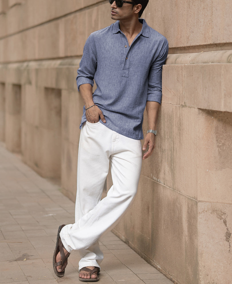 Blue Slub Kurta Shirt