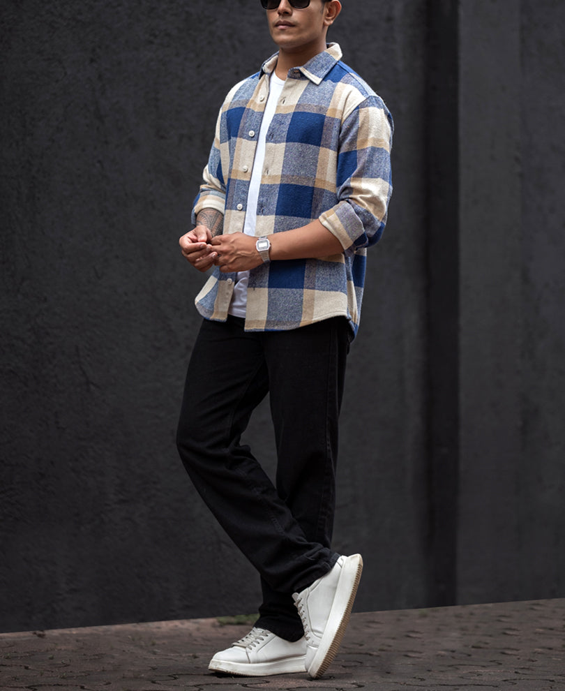 Blue And Off White Checked Regular Fit Full Sleeves Shirt