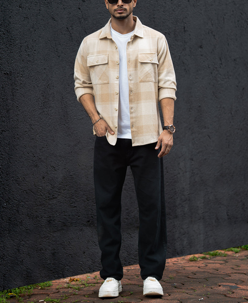 Light Beige Structured Regular Fit Full Sleeves Shirt