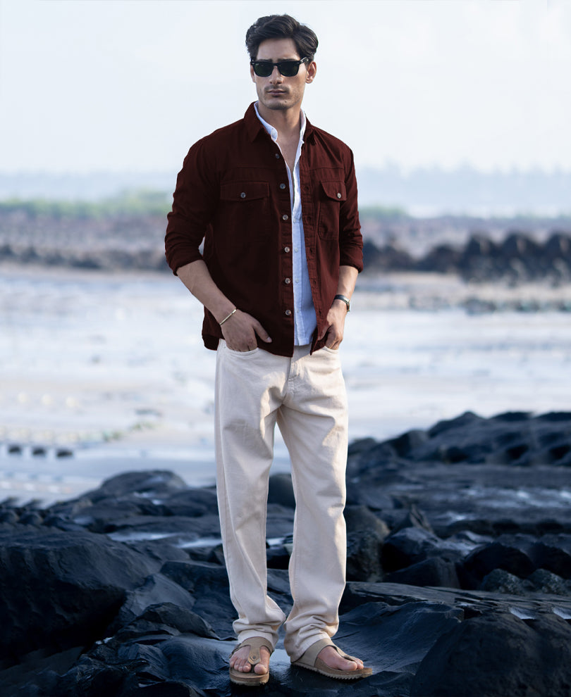 Wine Structured Overshirt With Pockets