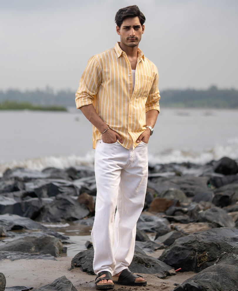 Yellow Cotton Blend Stripe Shirt