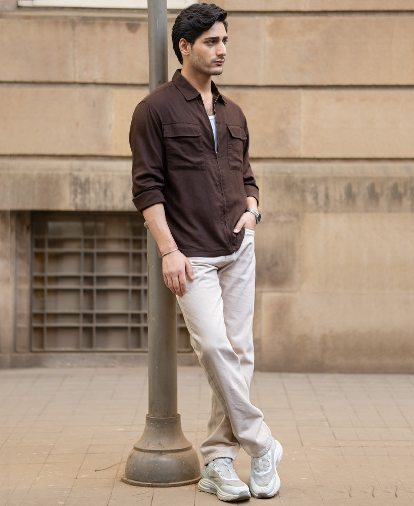 Coffee Brown Linen Blend Zipper Shirt