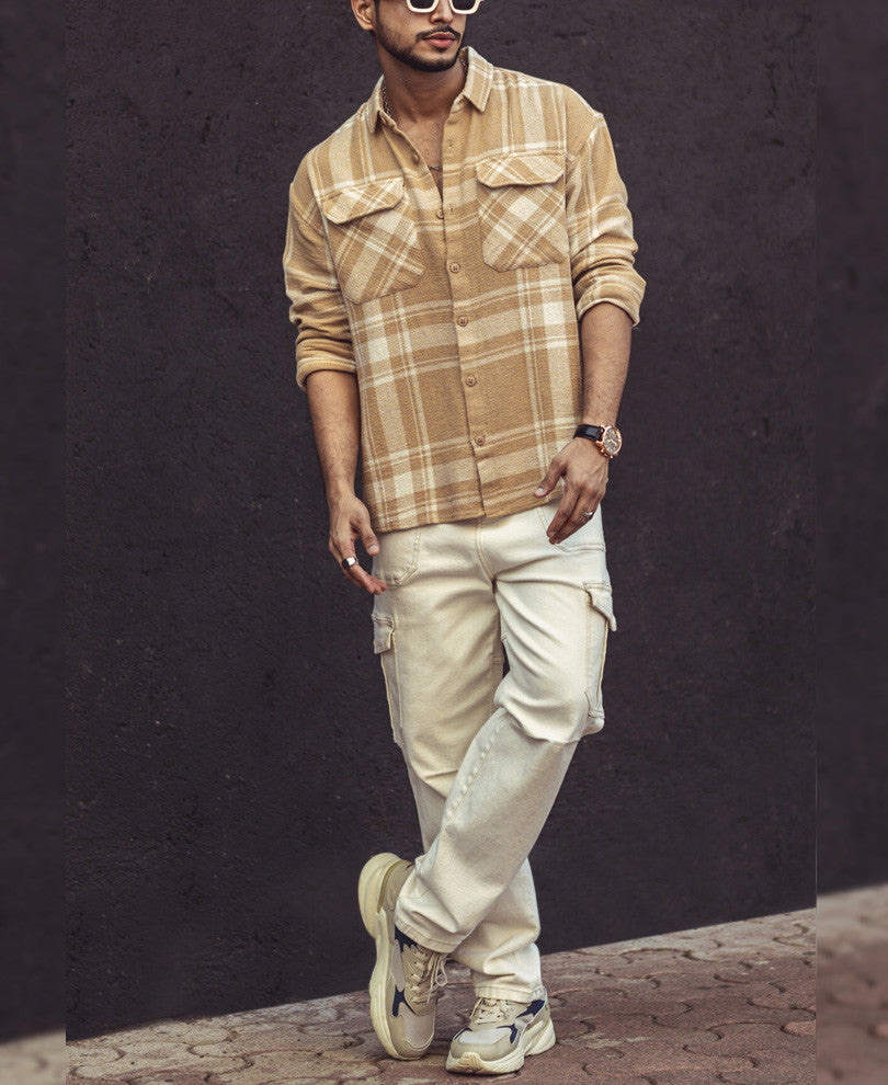 Beige and White Checks Oversize Drop Shoulder Shirt