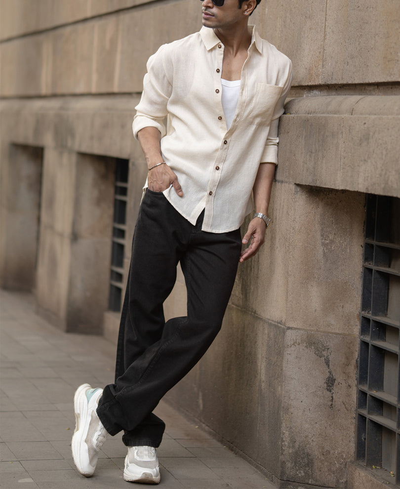 Light Beige Slub Textured Linen Shirt