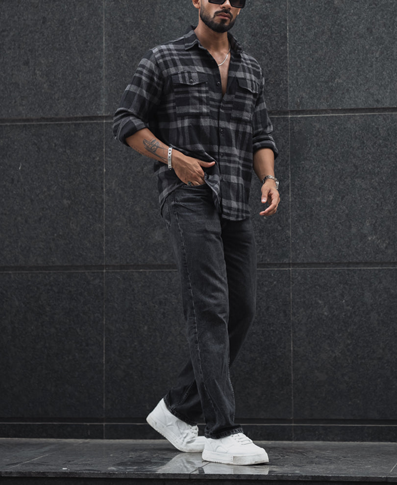 Black and Grey Checked Regular Fit Overshirt with Full Sleeves