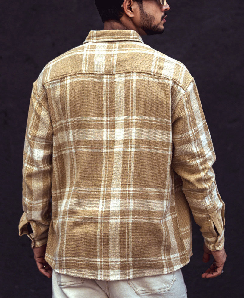 Beige and White Checks Oversize Drop Shoulder Shirt