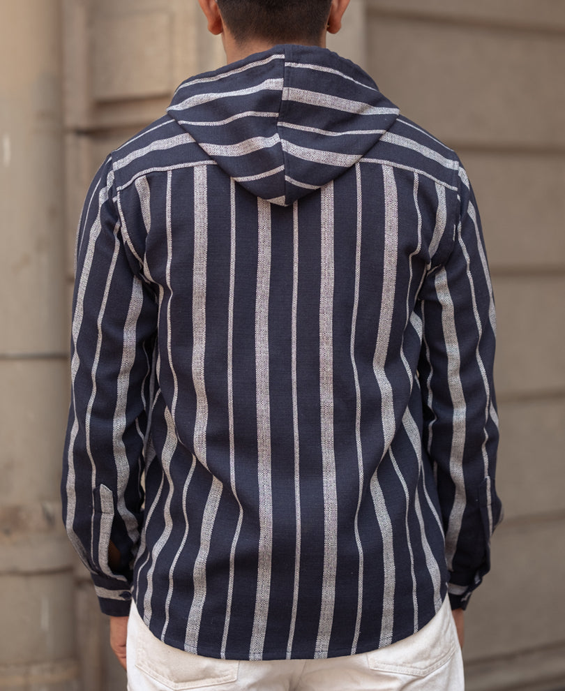 Blue And White Stripes Regular Fit Full Sleeves Hoodie Shirt