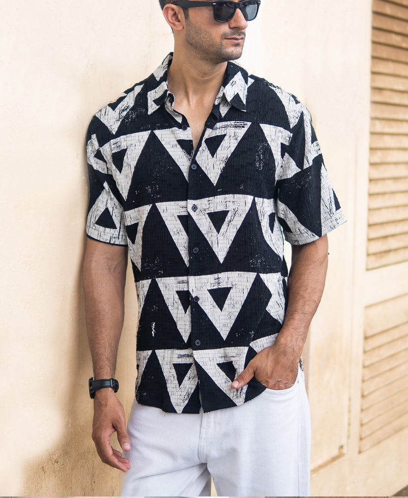 Black Geometric Structured Print Shirt