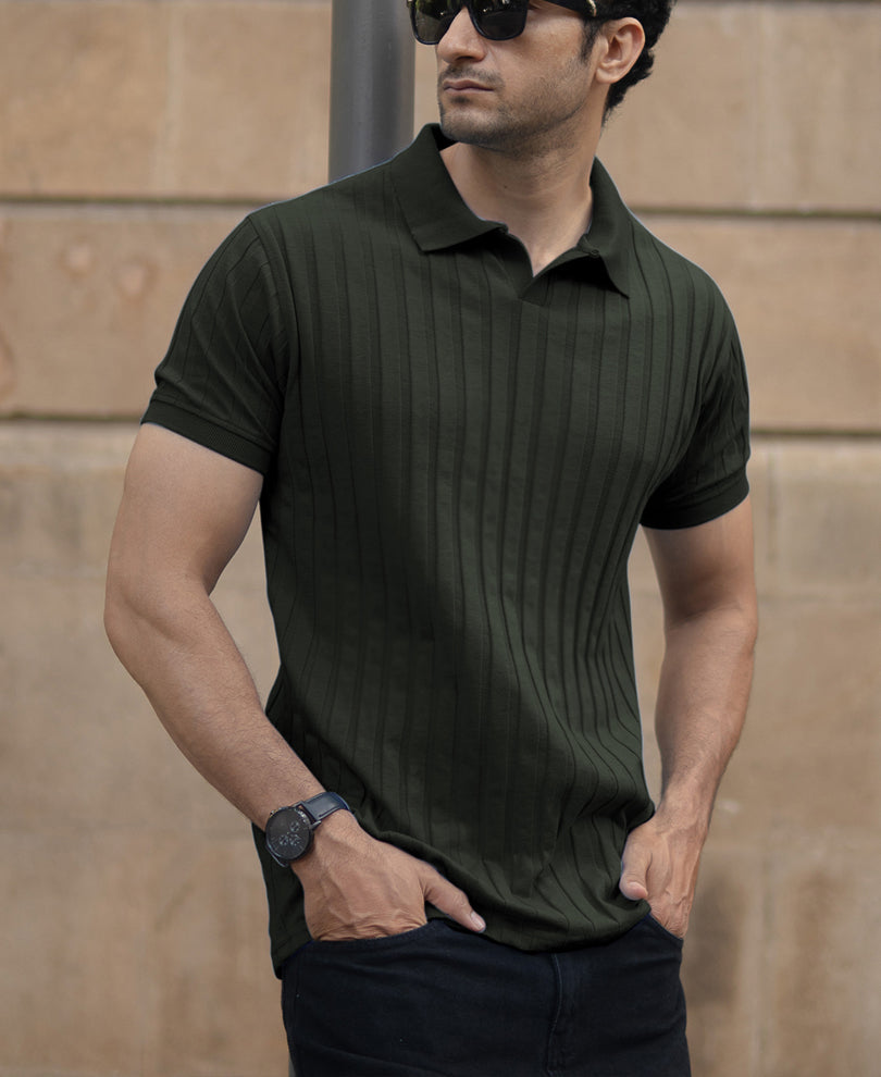 Dark Olive Self Stripe T-Shirt
