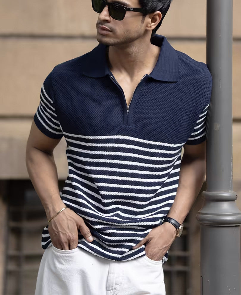 Blue Knitted Stripe Polo T-Shirt