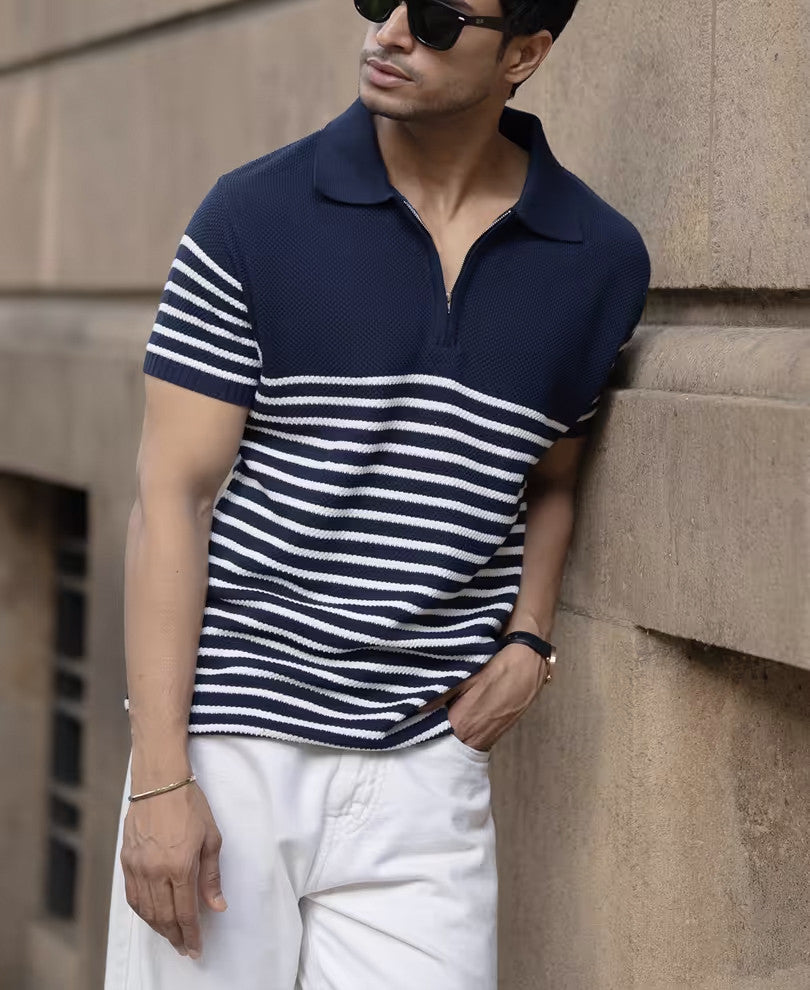 Blue Knitted Stripe Polo T-Shirt