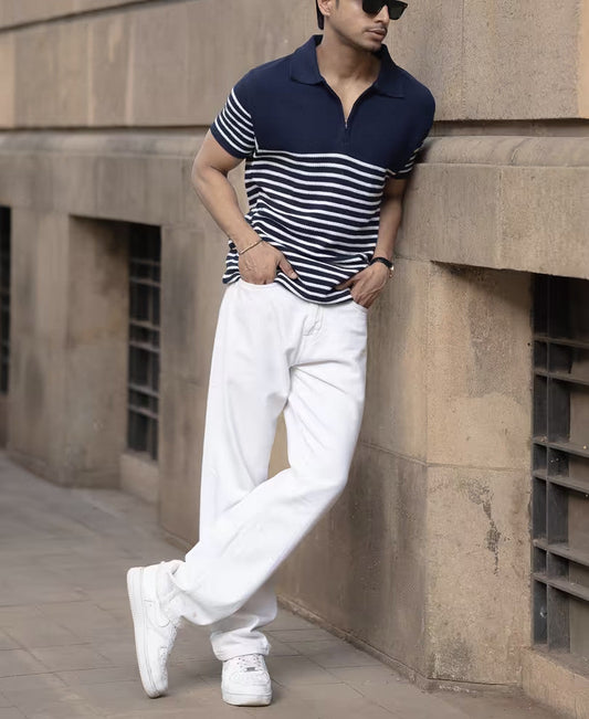 Blue Knitted Stripe Polo T-Shirt