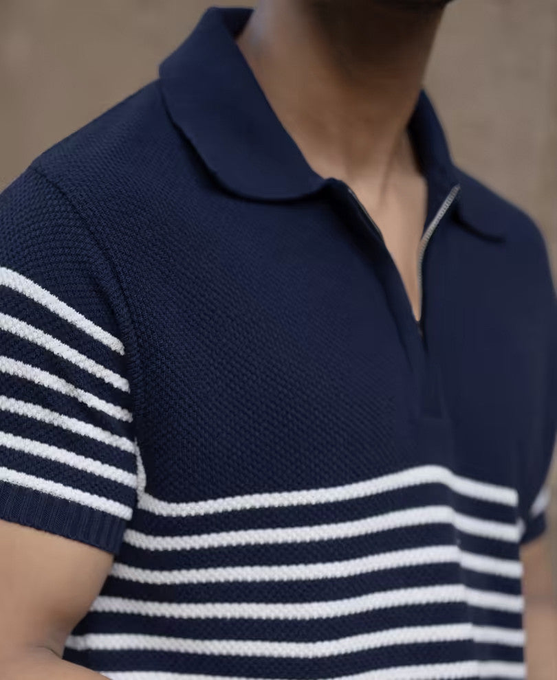 Blue Knitted Stripe Polo T-Shirt