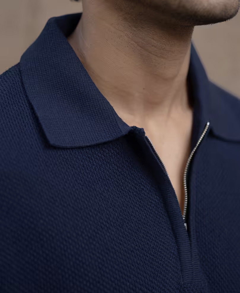 Blue Knitted Stripe Polo T-Shirt