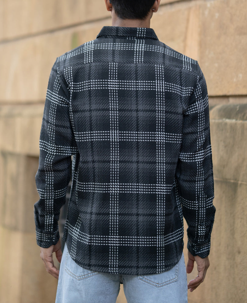 Black Structured Double Pockets Checked Shirt
