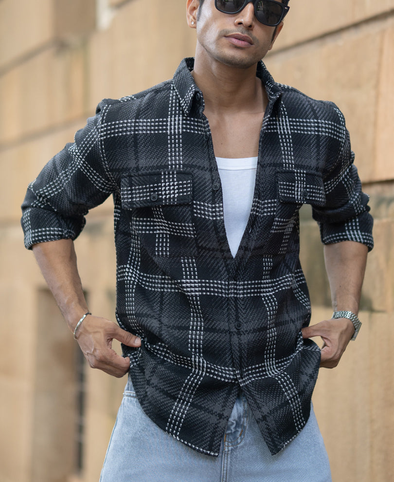 Black Structured Double Pockets Checked Shirt