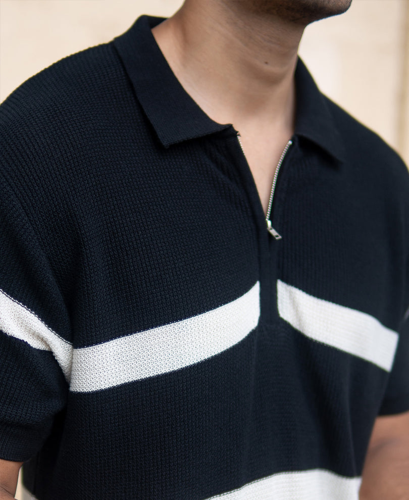 Black Striped Knit Polo T-Shirt