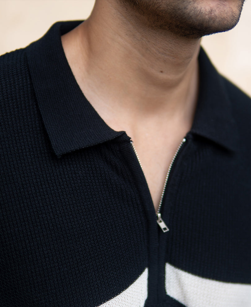 Black Striped Knit Polo T-Shirt