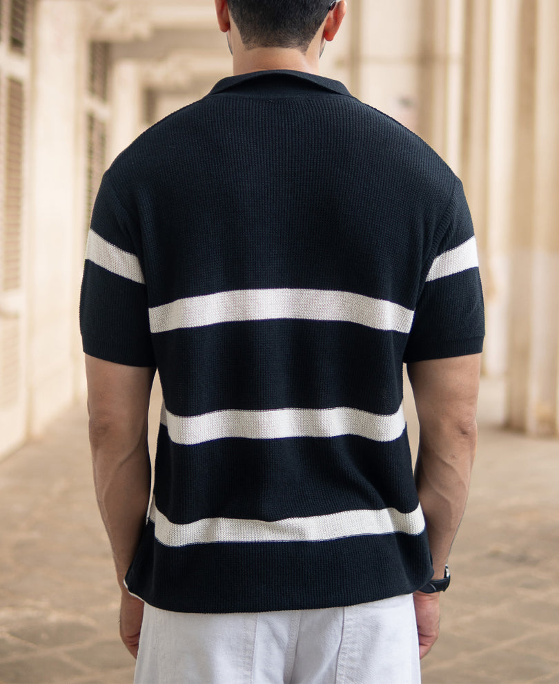 Black Striped Knit Polo T-Shirt
