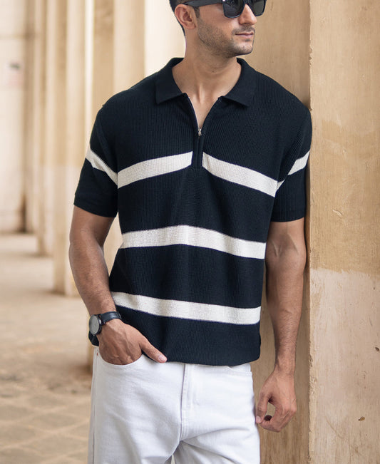 Black Striped Knit Polo T-Shirt