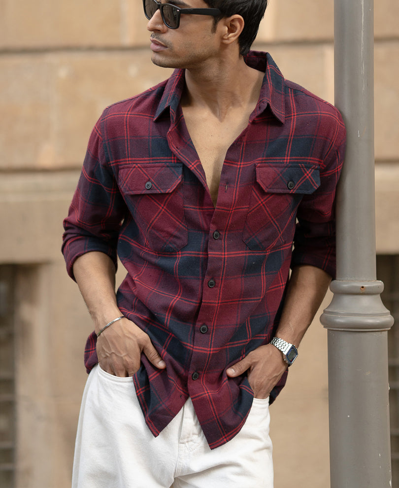 Wine Check Shirt With Pockets