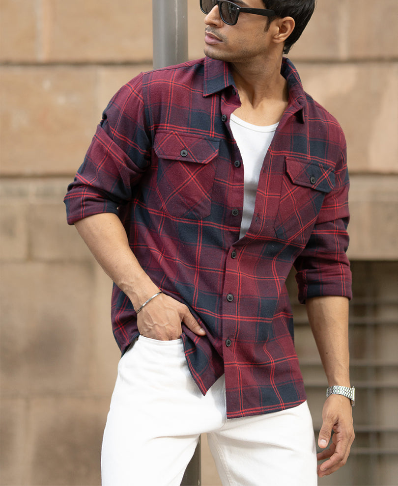 Wine Check Shirt With Pockets