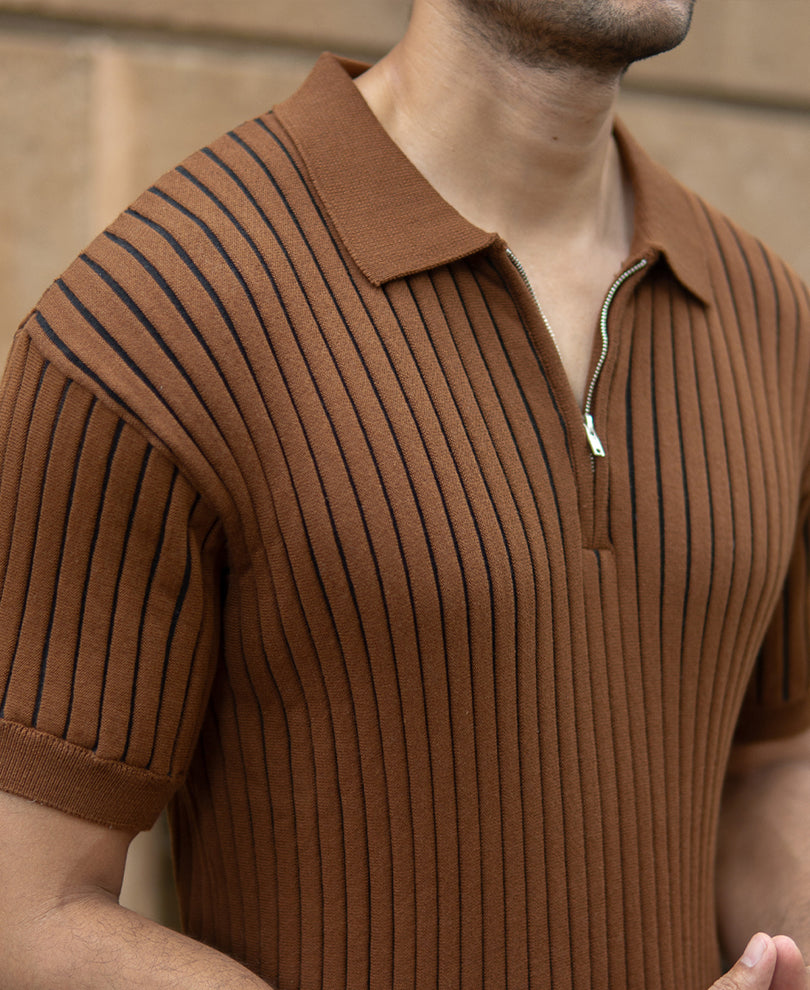 Brown Striped Knit Polo T-Shirt