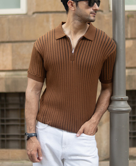 Brown Striped Knit Polo T-Shirt