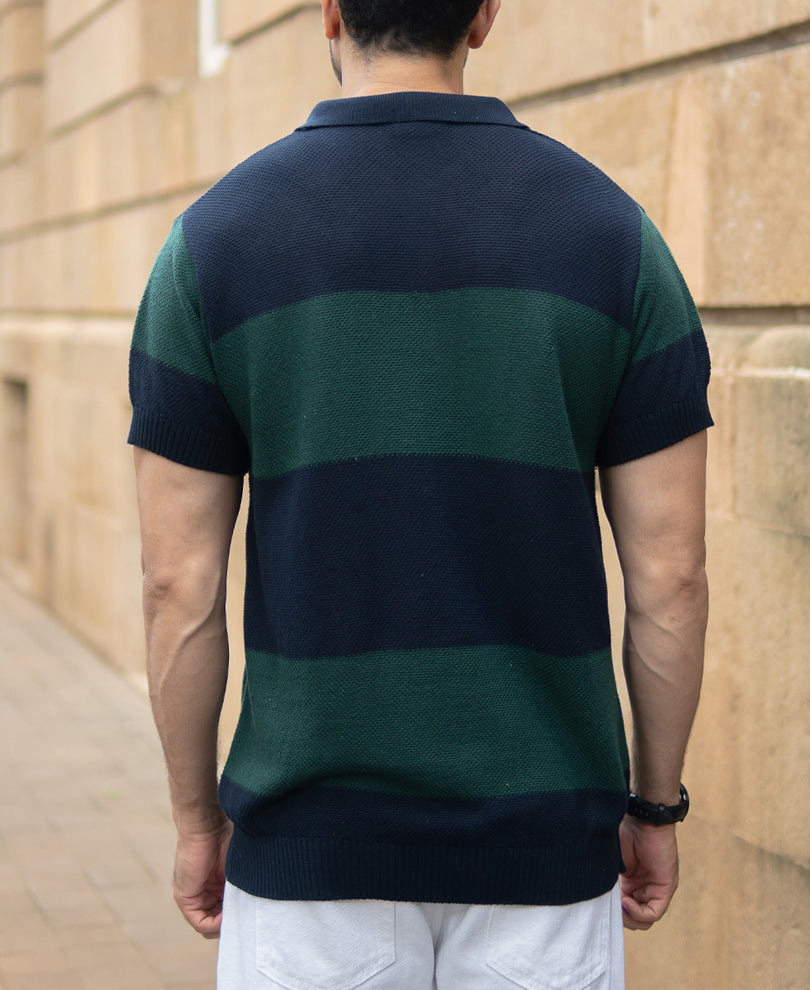 Olive And Navy Knitted Stripe T-Shirt