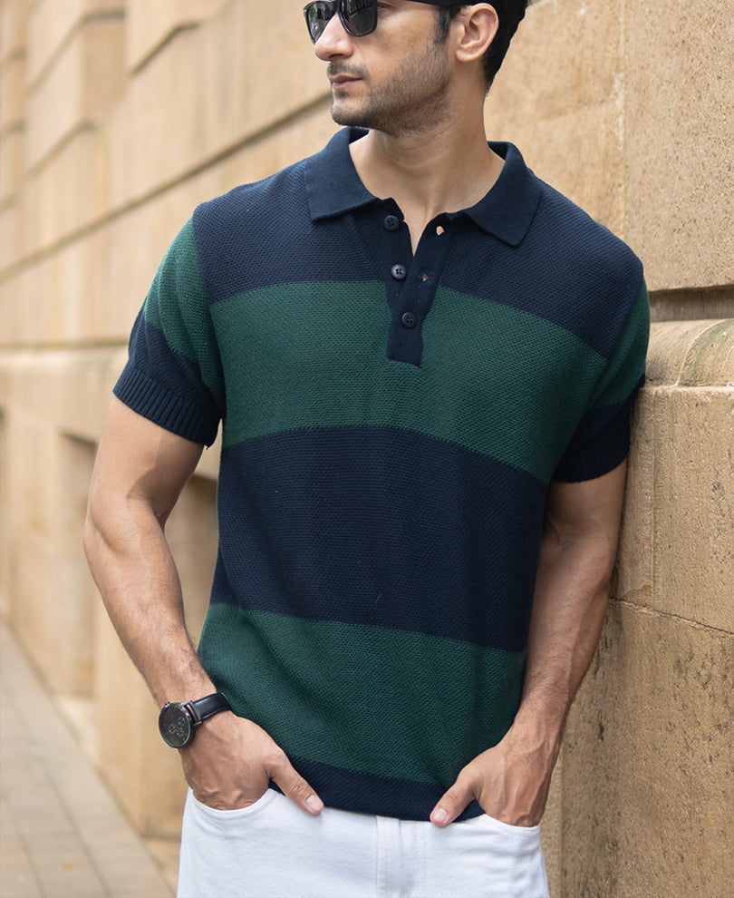 Olive And Navy Knitted Stripe T-Shirt