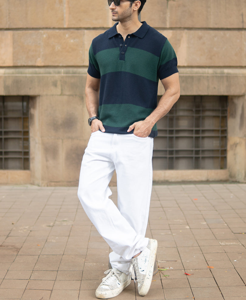 Olive And Navy Knitted Stripe T-Shirt
