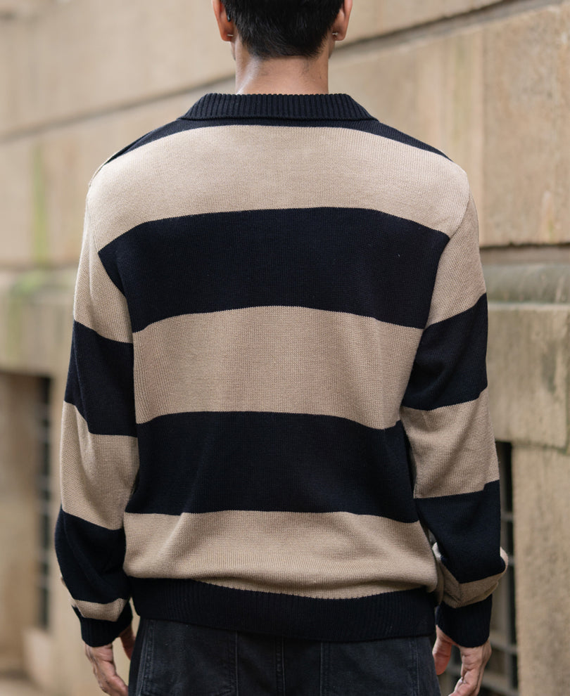 Beige And Black Striped Polo T-Shirt