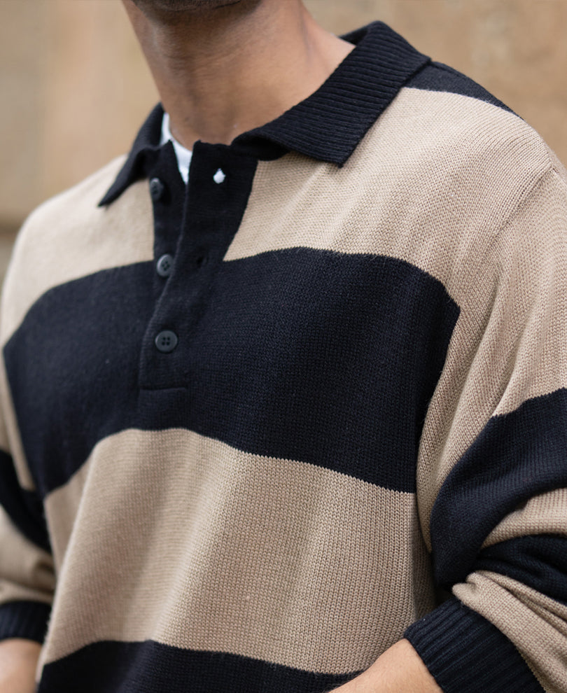 Beige And Black Striped Polo T-Shirt