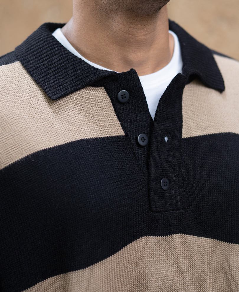 Beige And Black Striped Polo T-Shirt