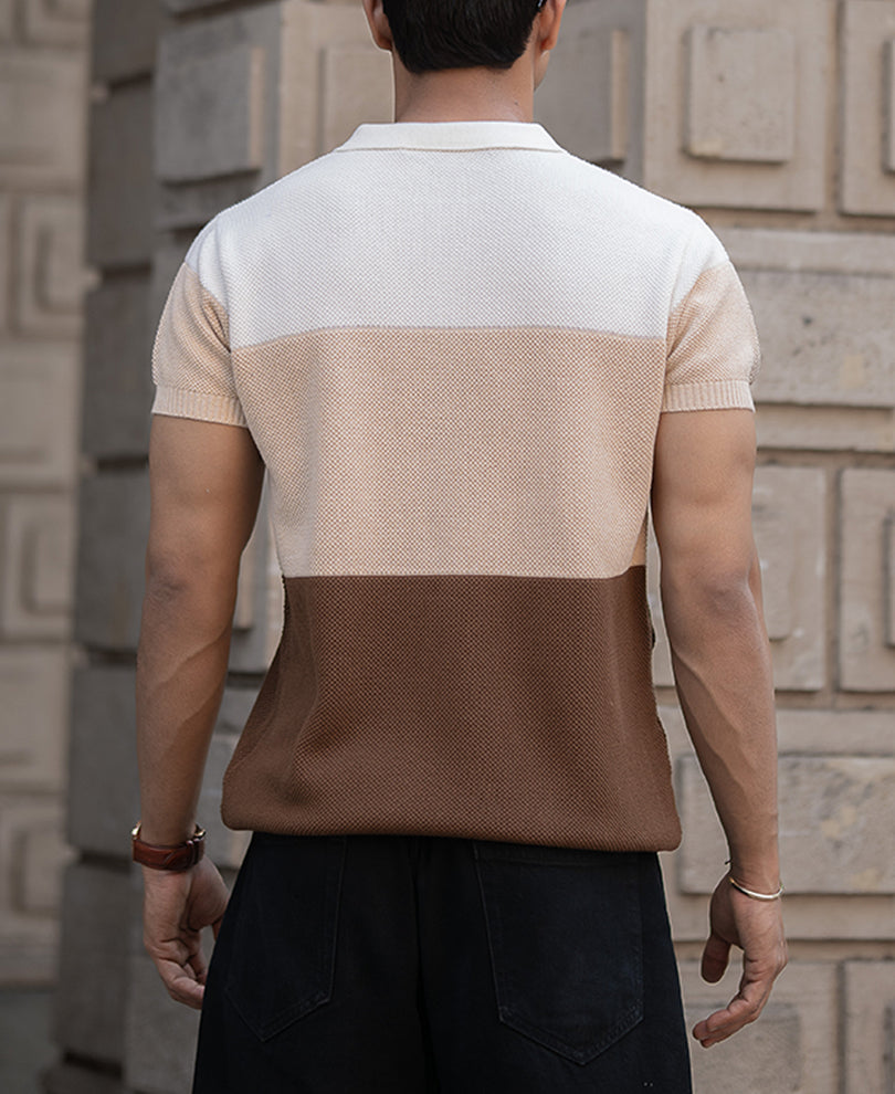 Earthy Stripe Zipper Polo T-Shirt