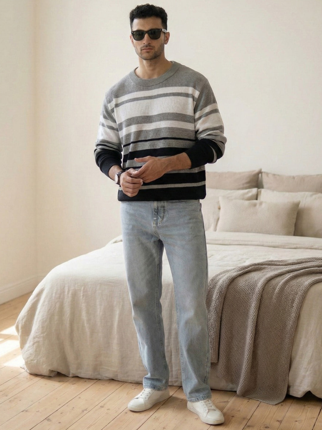 Grey And Black Structured Striped T-Shirt