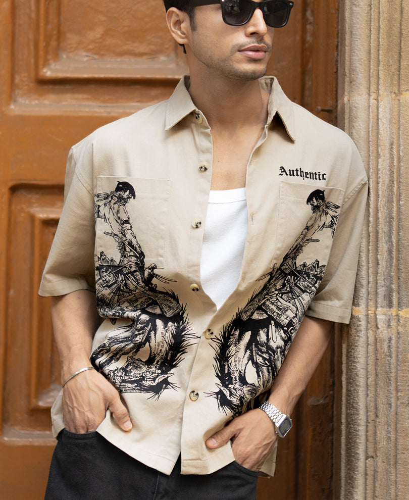 Beige Cowboy Print Boxy Shirt