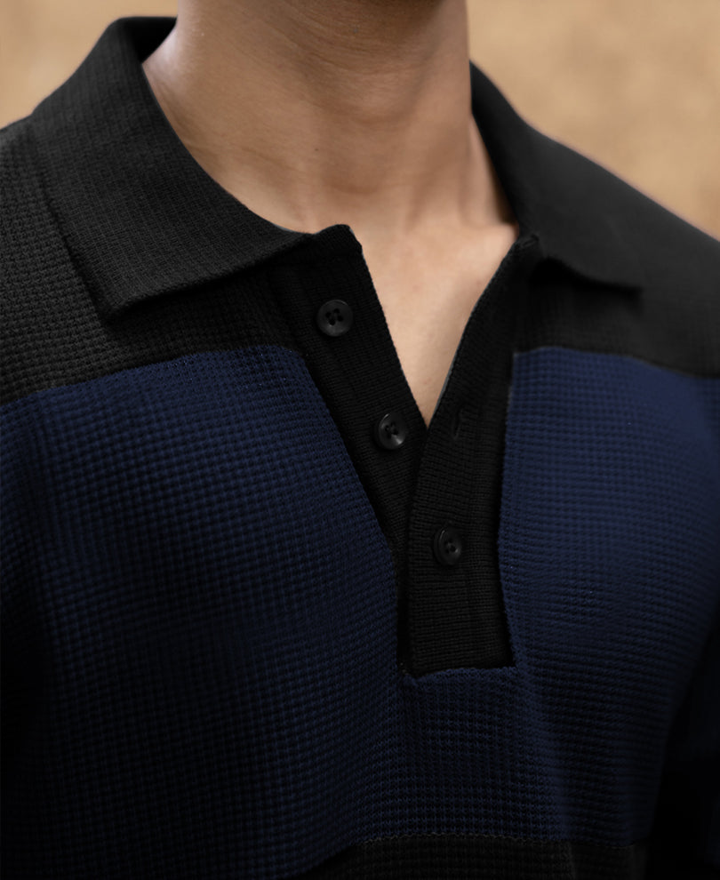 Blue Structured Knit Striped T-Shirt