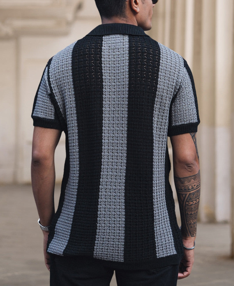 Black and Grey Crochet Striped Reglular Half Sleeves T Shirt