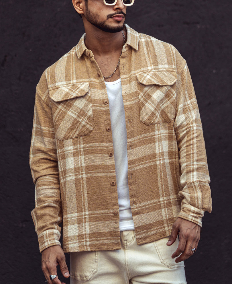 Beige and White Checks Oversize Drop Shoulder Shirt