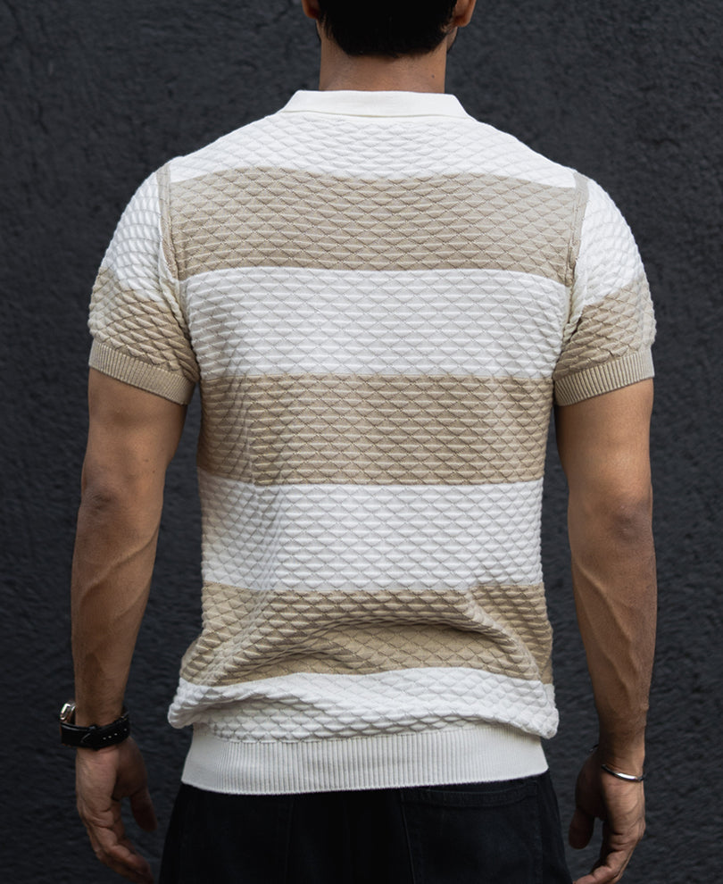Off White Structured Striped Regular Half Sleeves T Shirt