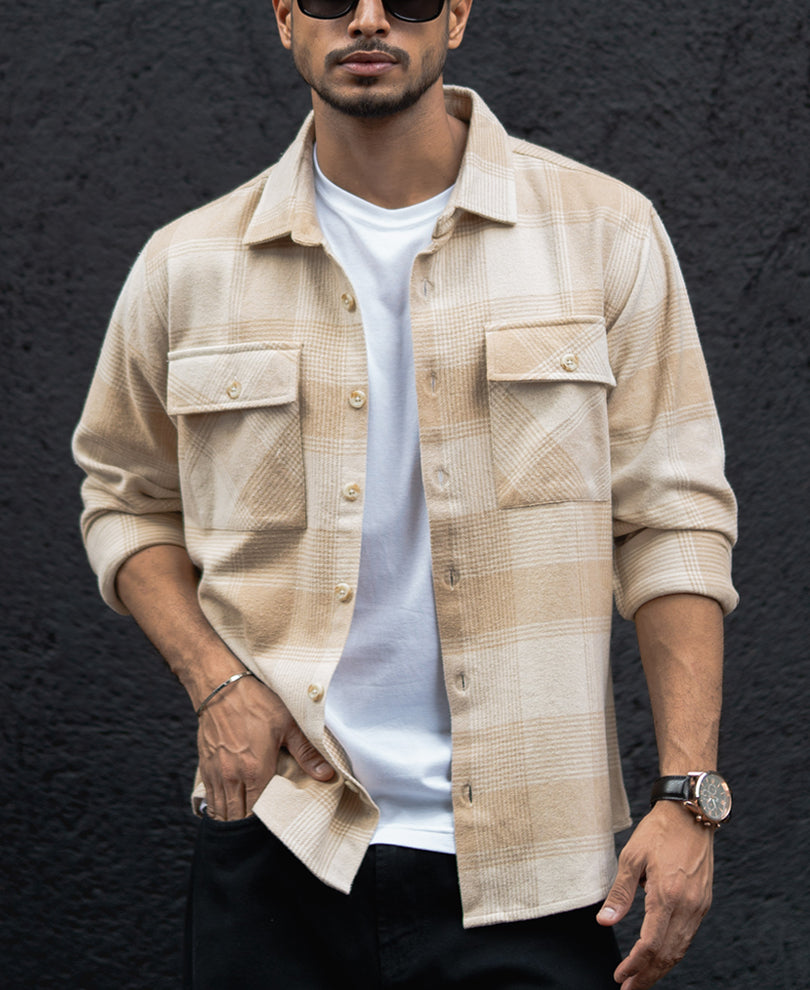 Light Beige Structured Regular Fit Full Sleeves Shirt