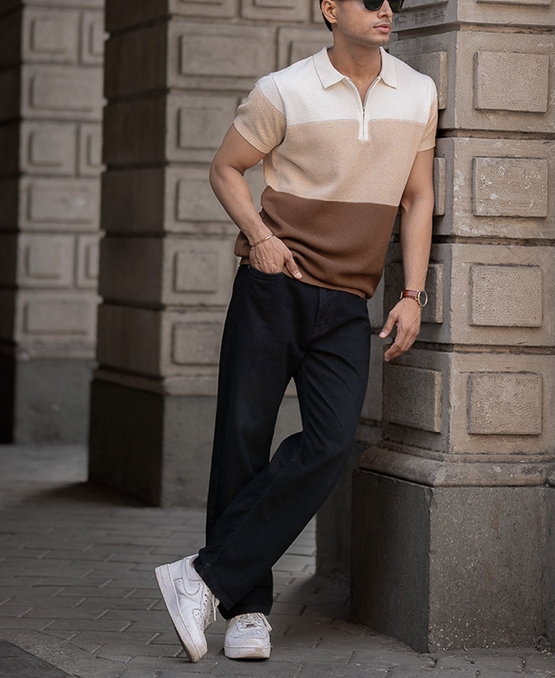 Earthy Stripe Zipper Polo T-Shirt