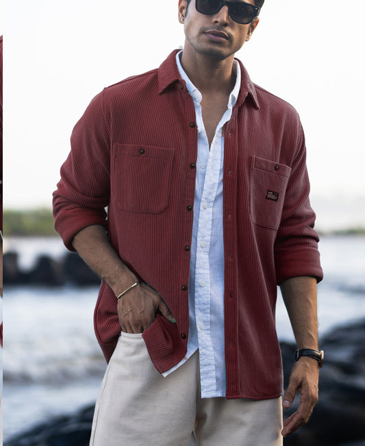 Wine Structured Knit Shirt With Pockets