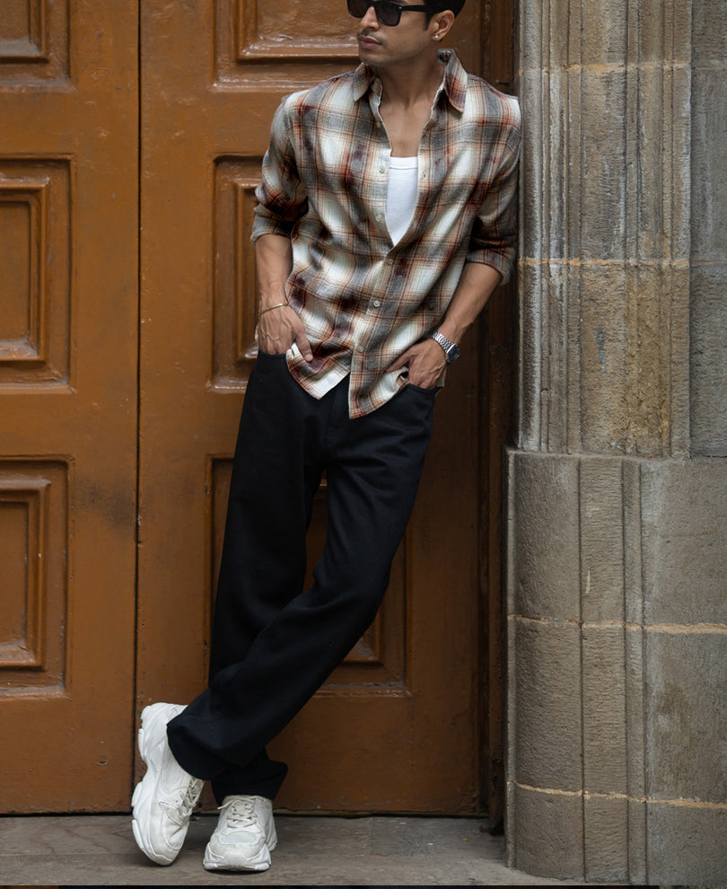 Beige Washed Checks Shirt