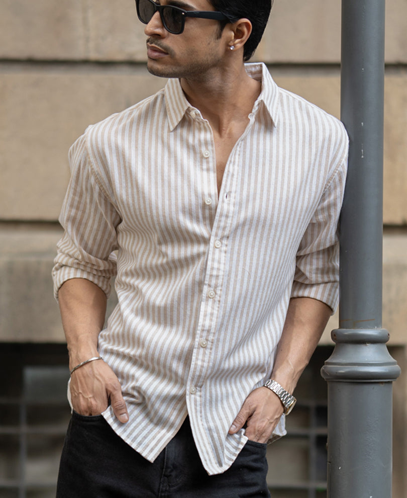 Beige Lightweight Cotton Stripe Shirt