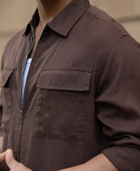 Coffee Brown Linen Blend Zipper Shirt
